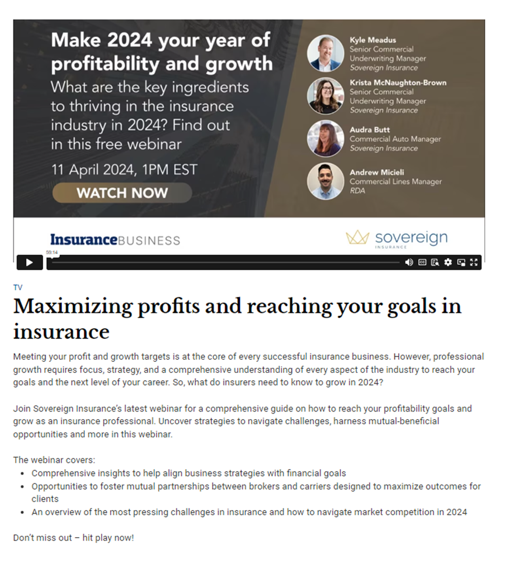 A screenshot of the Webinar Maximizing profits and reaching your goals in insurance